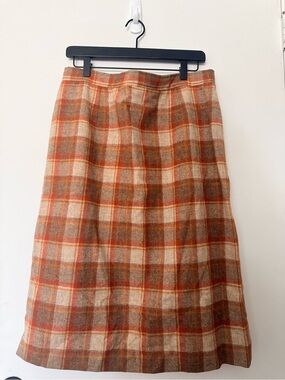 Vintage Plaid Wool Midi Skirt in Orange and Brown